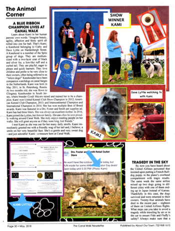 Our retired female (Kami) was featured in the local
Canal Walk Newspaper in Somerset NJ. May 2018 issue.